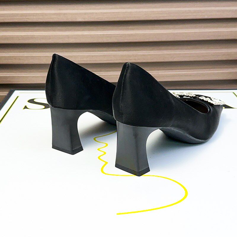黑色方头粗跟工作通勤职业水钻方扣浅口单鞋2024年新款秋高跟鞋女