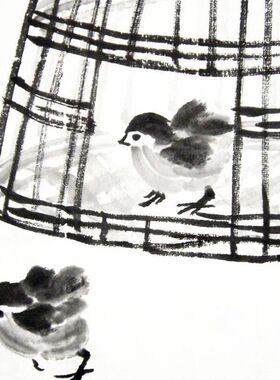 仿齐白石竹笼小鸡 手绘水墨画心 花鸟草虫 册页小品国画 雏鸡字画
