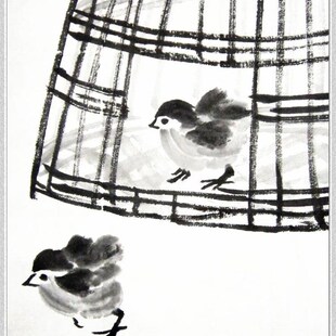 仿齐白石竹笼小鸡 手绘水墨画心 花鸟草虫 册页小品国画 雏鸡字画