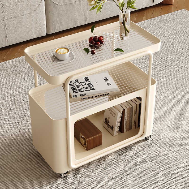 2025新款奶油风玻璃可移动沙发边几小户型客厅简约床头边柜小推车