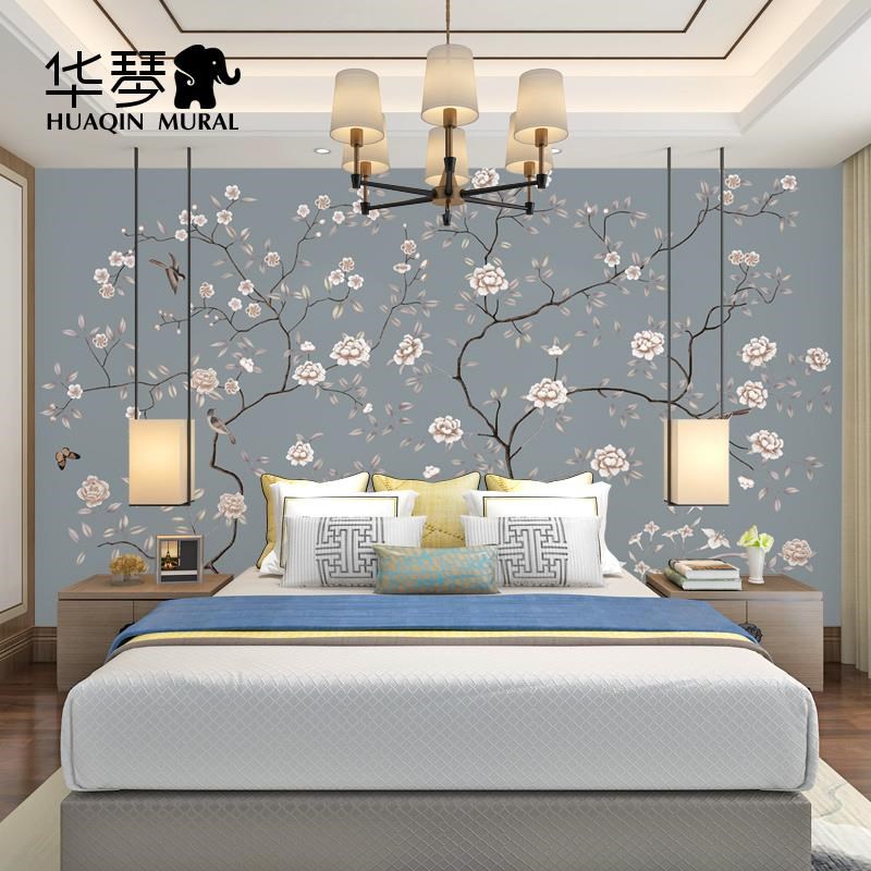 华琴中式花鸟田园碎花壁画床头卧室沙发背景墙壁纸无纺布墙纸墙布