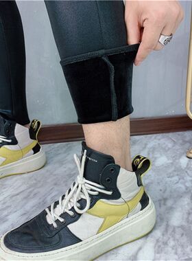加绒加厚潮男拼接pu皮裤打底韩版紧身秋冬高弹亮面小脚保暖打底裤