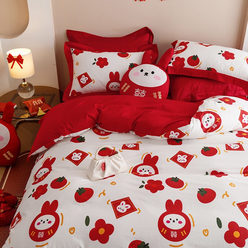 60支长绒棉结婚四件套大红色婚嫁纯G棉床单结婚全棉简约床上用品