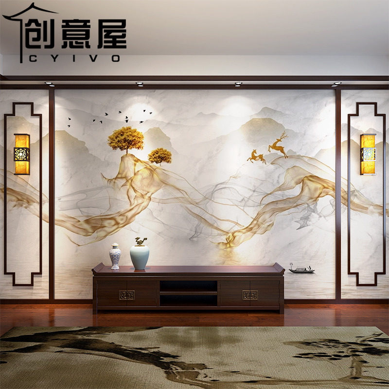 新中式电视背花墙壁画装饰实木A线条边框造型客厅中式景格背景墙