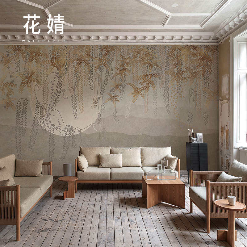 壁画影视柳叶背景餐厅布墙卧室中式酒店墙壁定制墙纸无纺布壁纸新