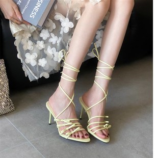 2025夏季新款两穿女鞋细跟绸缎面绑带高级感圆头高跟鞋凉靴凉鞋子