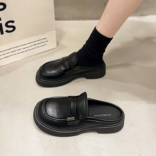 2025新款春夏众包头拖鞋女厚底小皮鞋女英伦风外穿平底半拖鞋子