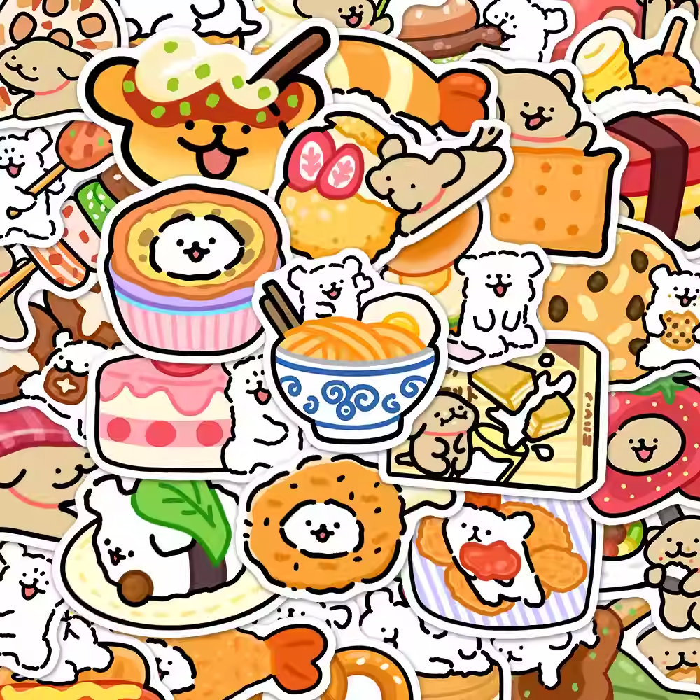 108张美食线条小狗贴纸卡通可爱防水装饰diy手机壳手账笔记本素材