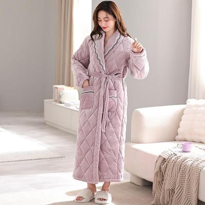 冬季睡袍女三层加厚珊瑚绒夹棉长款睡衣女冬款加绒保暖法兰绒浴袍