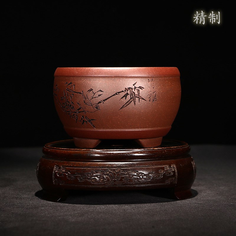 紫砂花盆陶瓷花盆绿植桌面掌上原矿菖蒲多肉盆景孙伟手工精制刻绘