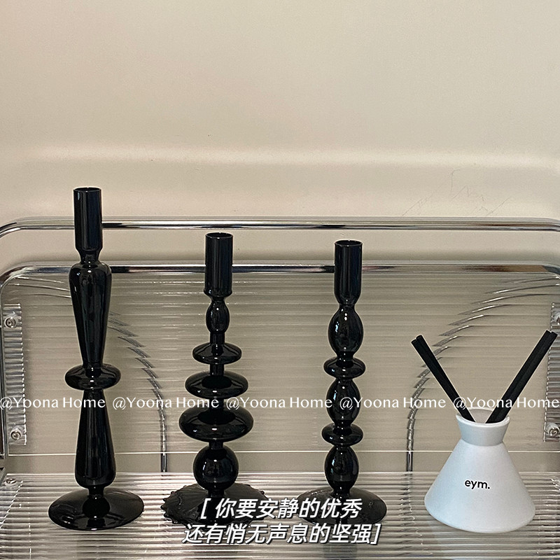 Yoona Home 韩国ins同款黑色复古玻璃烛台咖啡馆民宿艺术装饰摆件