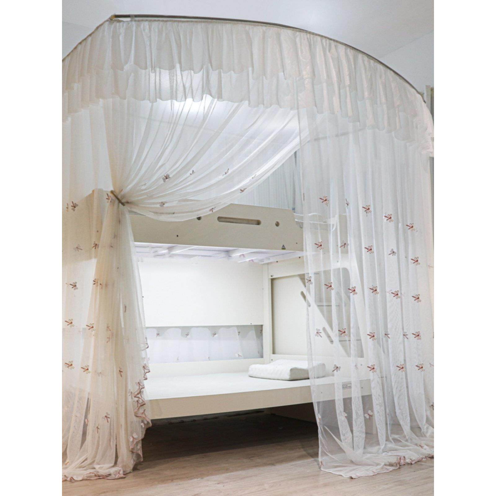 欧式双人床伸缩绣花蚊帐三门立式上下铺直梯斜梯蚊帐纱布加厚支架