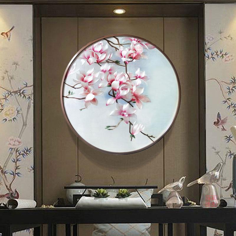 苏绣成品挂画圆形玉兰花鸟苏州手工真丝刺绣玄关客厅装饰画中式