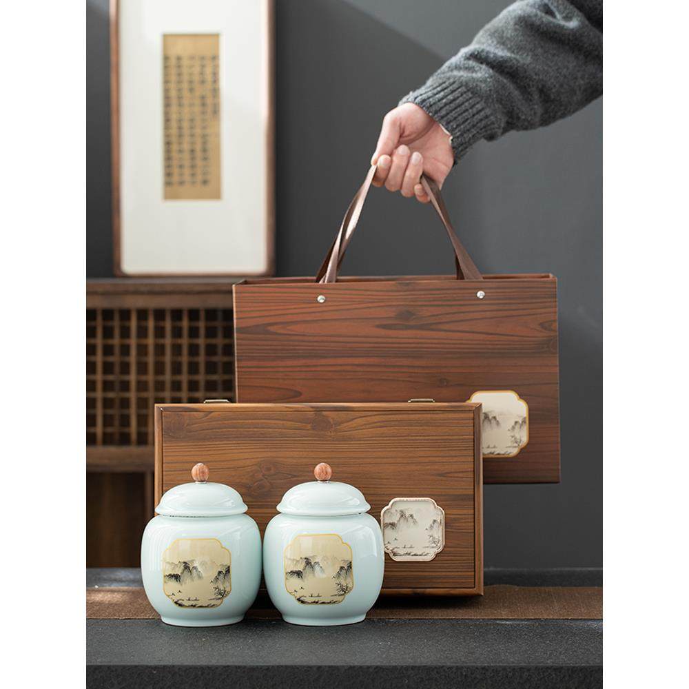 山水陶瓷茶叶罐精品密封罐子高端茶叶包装盒空盒储存罐礼盒装定制