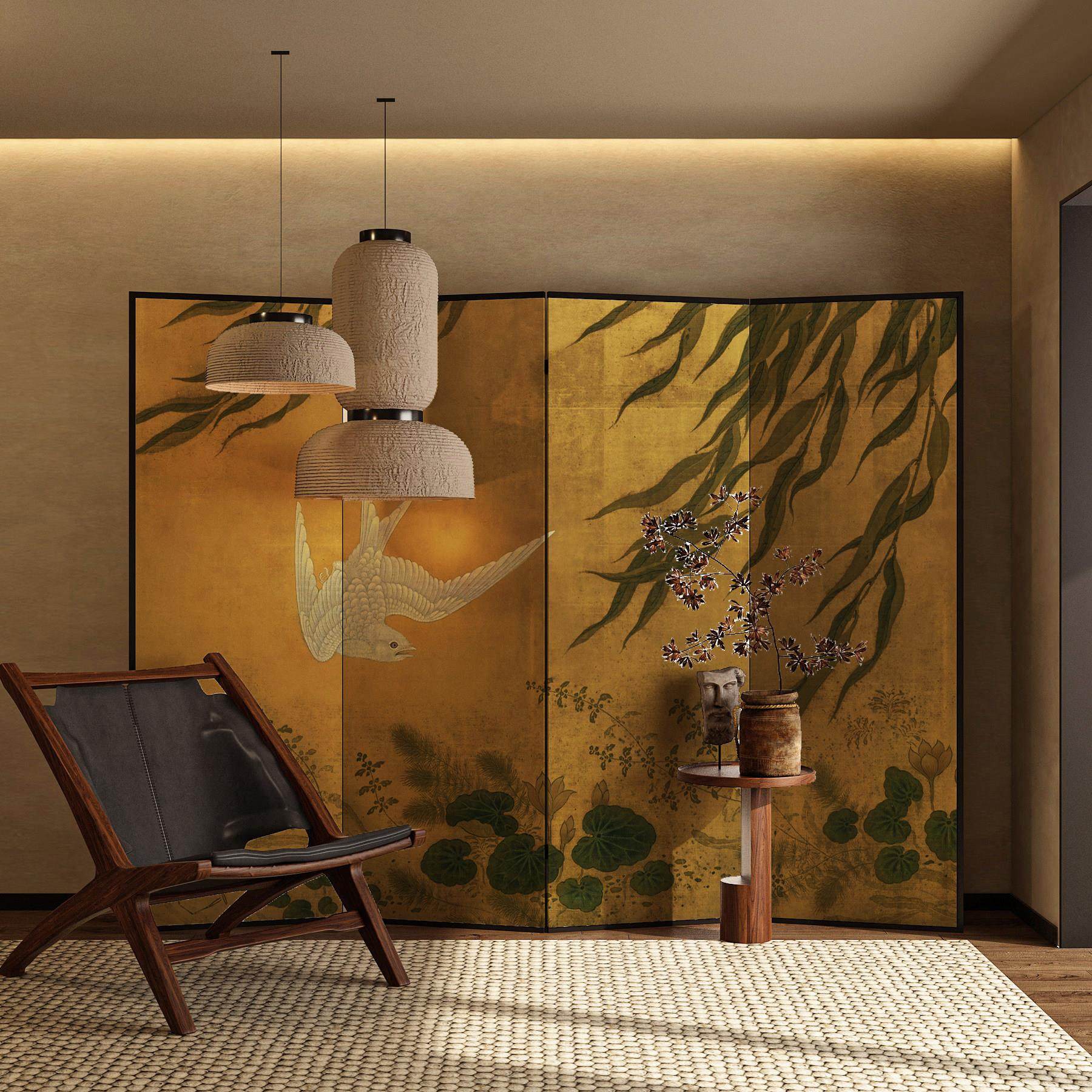 中式传统金箔手绘漆画 画中古屏风卧室遮挡家用隔断背景装饰柳树