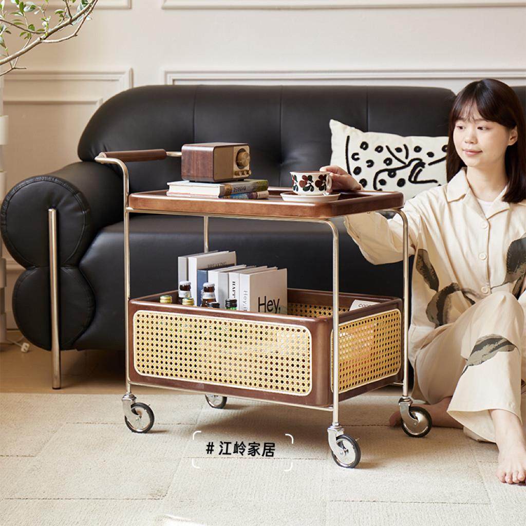 实木藤编小推车可移动小茶几边几中古角几沙发茶水车置物边柜新款,住宅家具,移动边几/推车,淘宝优惠券,粉丝福利购,淘宝优惠卷