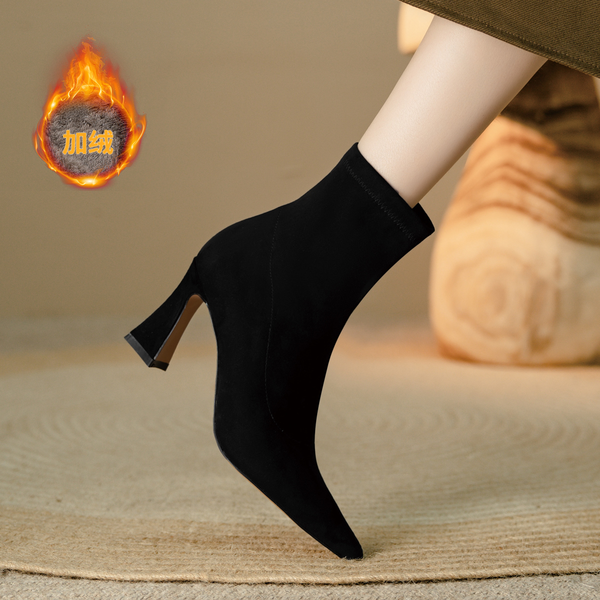 吴大叔冬季气质女靴时尚百搭尖头高跟靴子绒面舒适粗跟弹力瘦瘦靴