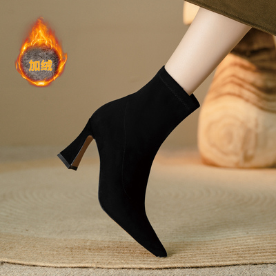 吴大叔冬季气质女靴时尚百搭尖头高跟靴子绒面舒适粗跟弹力瘦瘦靴