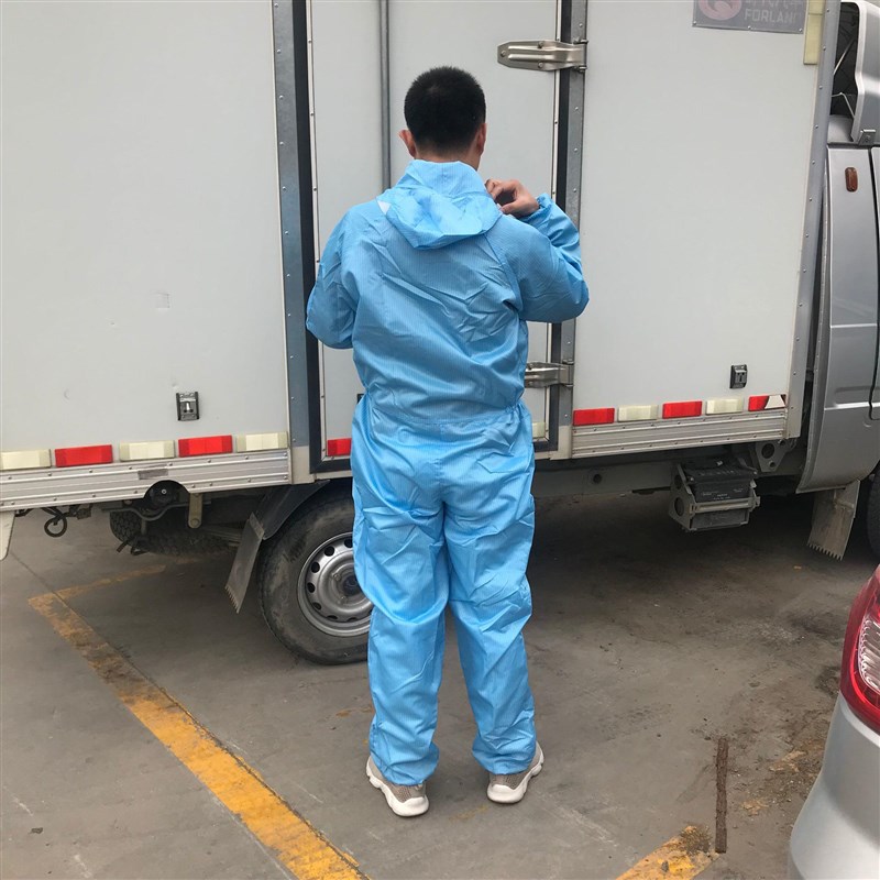防尘服喷漆防护服防静电服  车间防静电连体蓝色连帽工作服加长版