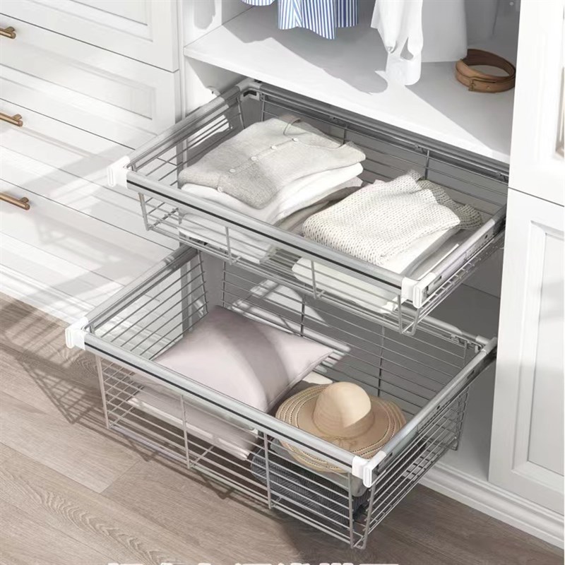 衣柜拉篮抽屉式收纳不锈钢藤篮家用洗衣机隐形内置伸缩裤架脏衣篮