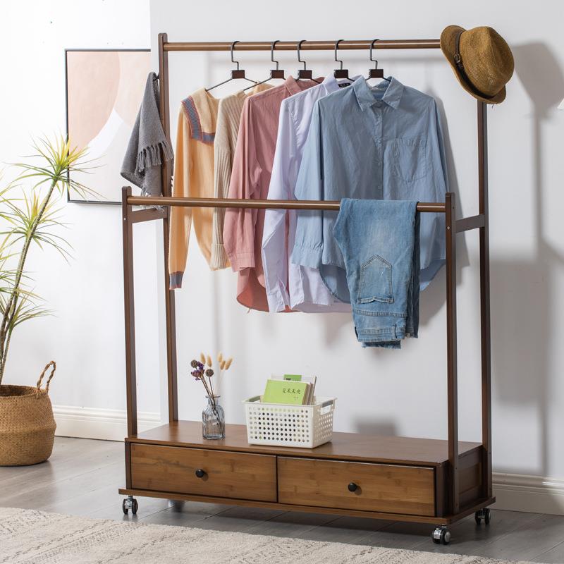 (活动价）家用卧室实木挂衣纳架可移约衣帽架衣柜双杆带抽屉简竹