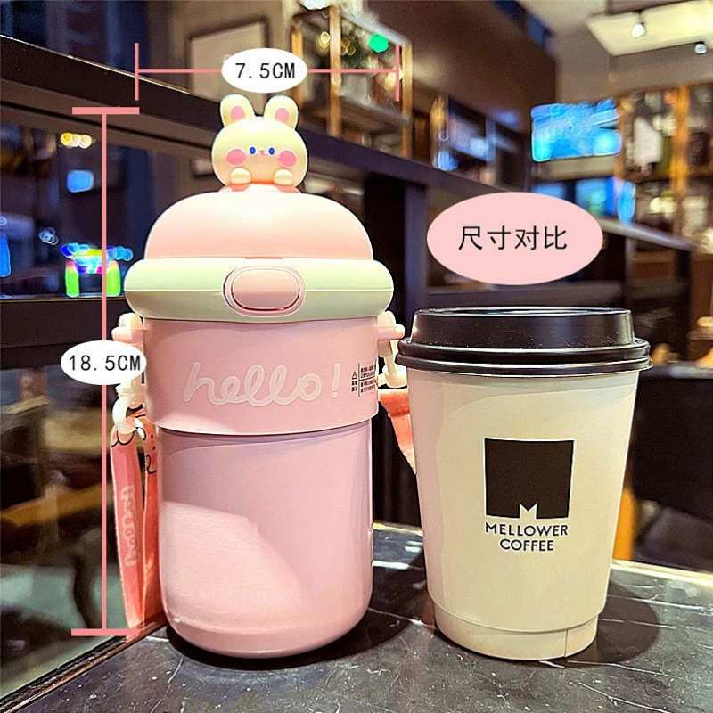 卡通双层背带水杯户外学生玻璃杯双层密封塑玻杯便携杯广告地推杯