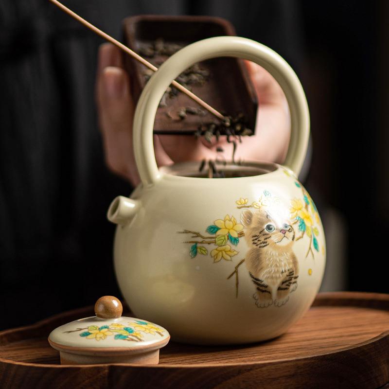 (活动价）米梁汝窑圆开满提壶黄花猫茶具黄套装家用泡茶茶壶单壶