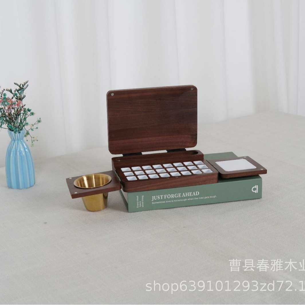 {活动价}黑胡桃木可折叠颜料盒旅行便携木制调色盘美甲彩绘多格实