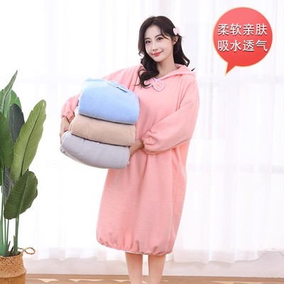 可穿式带帽浴裙成人加厚松弛感浴袍澡浴衣吸水家居服睡袍宽松长款