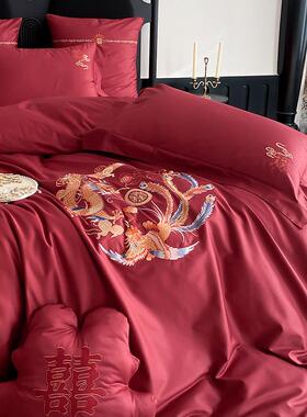 新中式龙凤婚庆四件组全棉100S长绒棉红色刺绣结婚被套床单床笠款