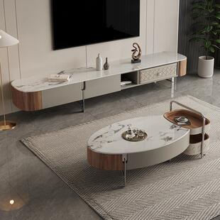 北欧轻奢微晶石茶几电视柜客厅边几2024新款椭圆形茶几电视柜组合