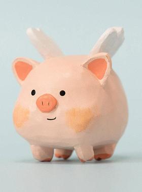 BIABIA原创木雕小猪桌面摆件可爱手工玩偶生日礼物治愈系装饰礼品