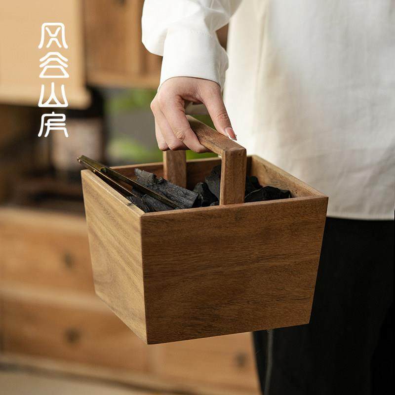实木提拿碳盒出游野外旅行便携款炭斗橄榄乌榄炭果木炭提梁收纳盒