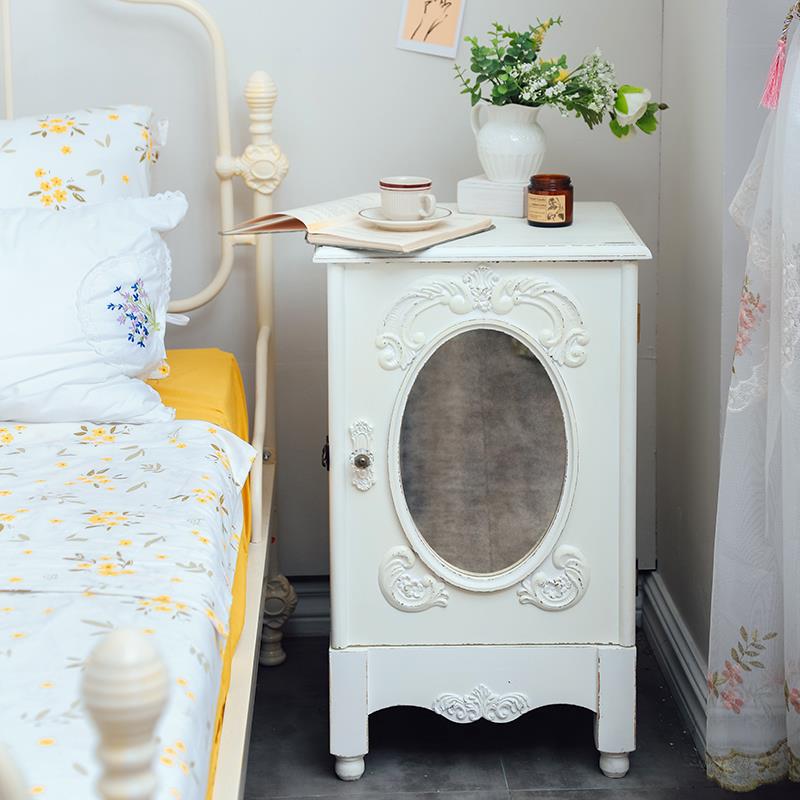 你可居法式复古窄小床头柜做旧雕花边柜卧室网红实木创意民宿柜子