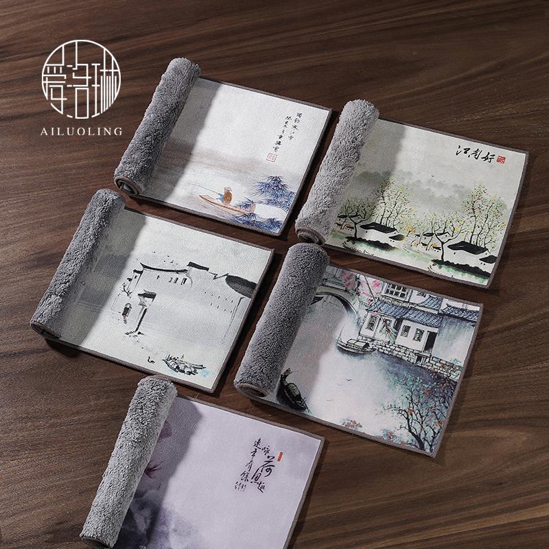 爱洛琳 茶道零配彩绘麂皮绒吸水茶巾 茶几擦布茶桌布茶盘抹布壶垫