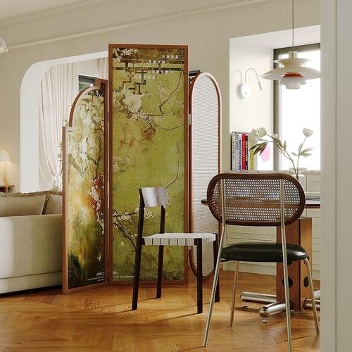 中古风实木屏风隔断客厅入户酒店饭厅家用藤编沙发背景墙移动玄关