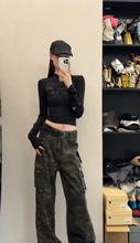复古迷彩口袋装饰阔腿工装裤女美式辣妹高腰显瘦休闲长裤女配腰带