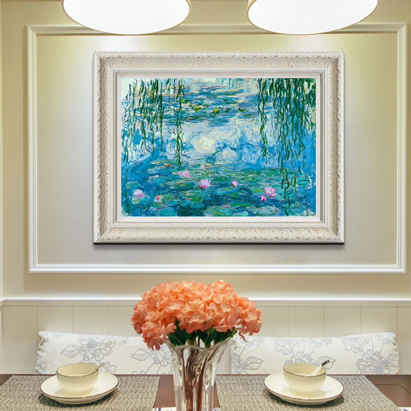 莫奈-睡莲垂柳 美式客厅餐厅卧室池塘荷花风景油画挂画有框装饰画图片