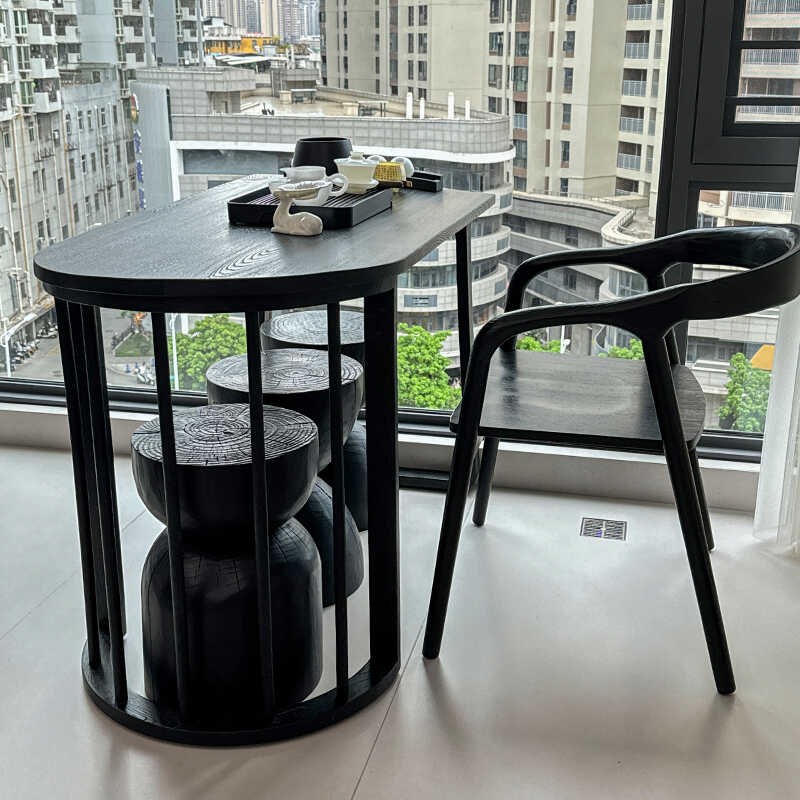 新款侘寂风阳台小型茶桌椅组合新中式泡茶桌炭黑色干泡茶台靠墙桌