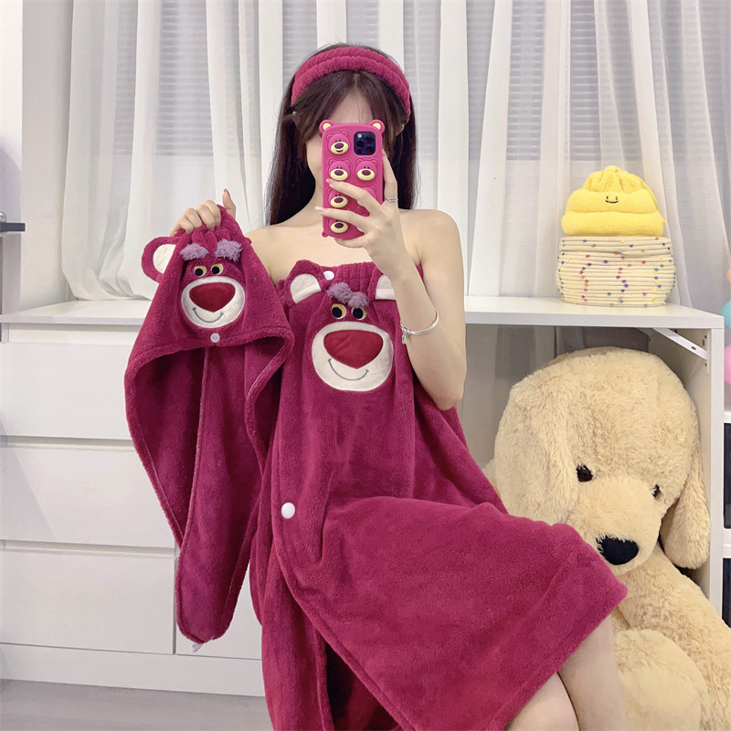 卡通大眼仔浴巾女生可穿可裹洗澡大毛巾连帽浴袍式浴裙可爱三件套