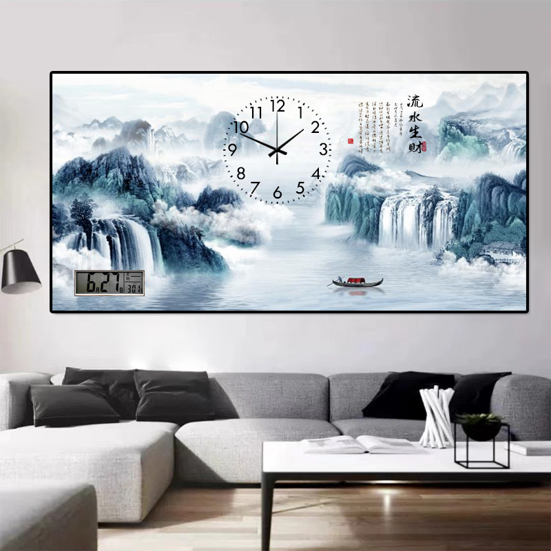 轻奢客厅装饰画挂钟大气晶瓷时钟带日历石英钟简约餐厅墙时尚钟表