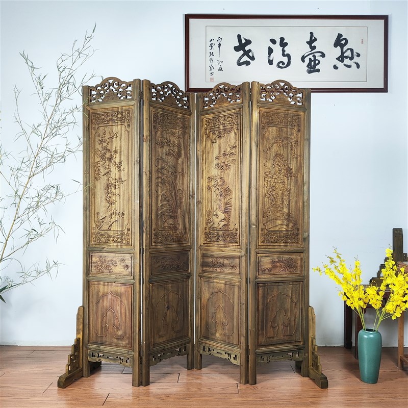 东阳木雕复古风屏风仿古做旧可折叠移动隔断梅兰竹菊雕刻玄关摄影