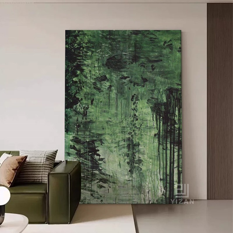 手绘油画复古侘寂风小众墨绿高级肌理画客厅玄关过道背景墙装饰画