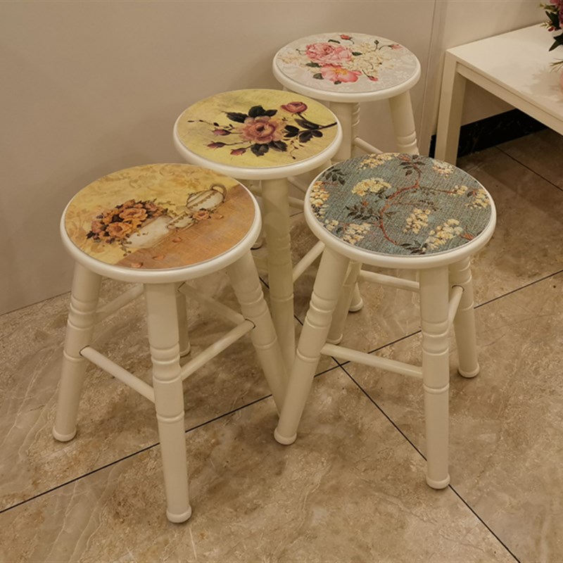 简约现代实木凳子家用美式圆餐桌凳白色风格田园换鞋凳原木电脑椅