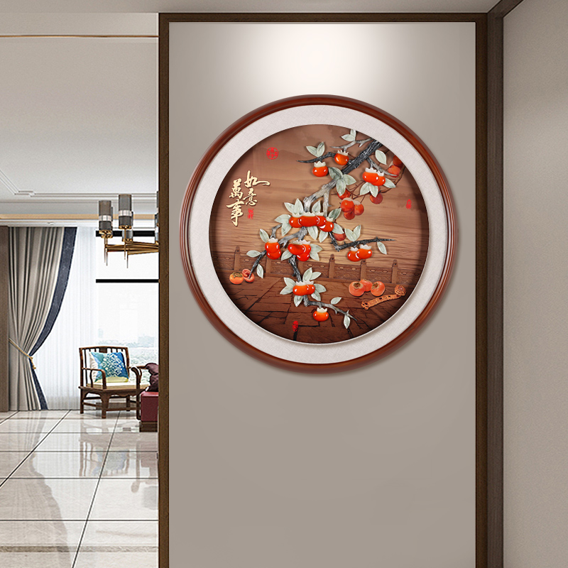 新中式客厅装饰画走廊过道玄关挂画餐厅圆形壁画玉雕画带灯光玻璃图片