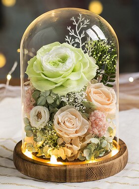 高档花玻璃罩摆件客厅干花玫瑰礼盒情人节结婚Z礼物送闺蜜