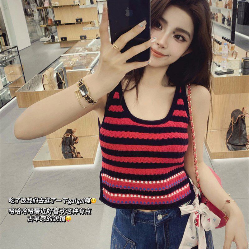 多巴胺撞色条纹针织背心女夏季修身内搭P外穿无袖短款上衣