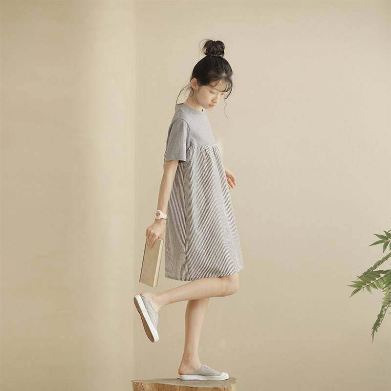 儿童裙子短袖女孩夏装新款娃娃裙日系亲子洋气大童女童条纹连衣裙