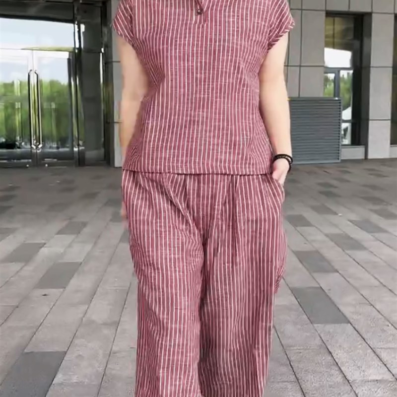 条纹衬衫领坎袖上衣加八分裤两件套休闲年轻简约时尚套装女夏款