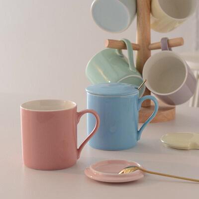马卡龙色创意马克杯带盖家用下午茶杯情侣对杯公室喝水杯咖啡杯